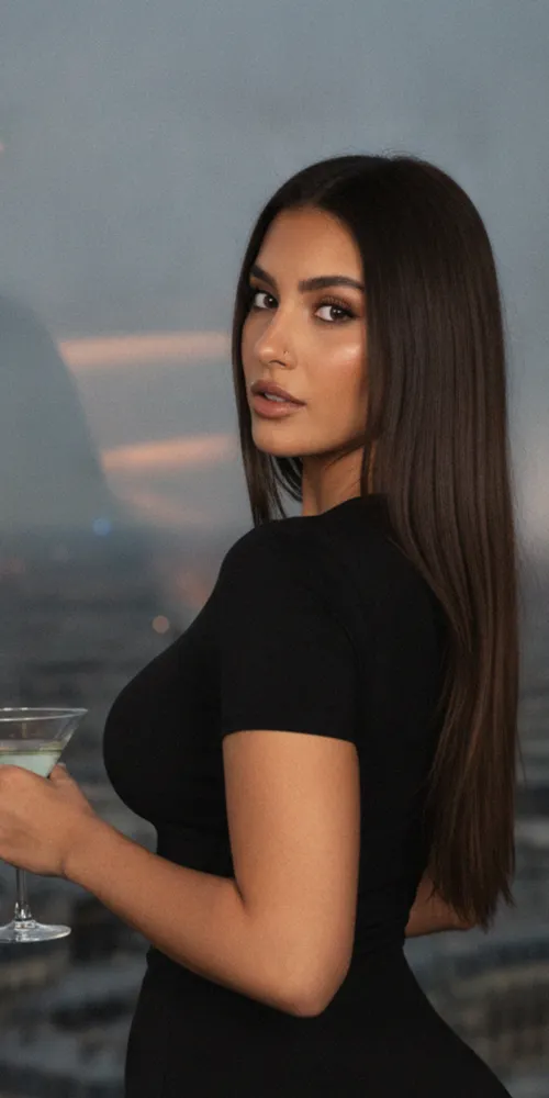 Talia, Host à Paris, martini en main face à la skyline